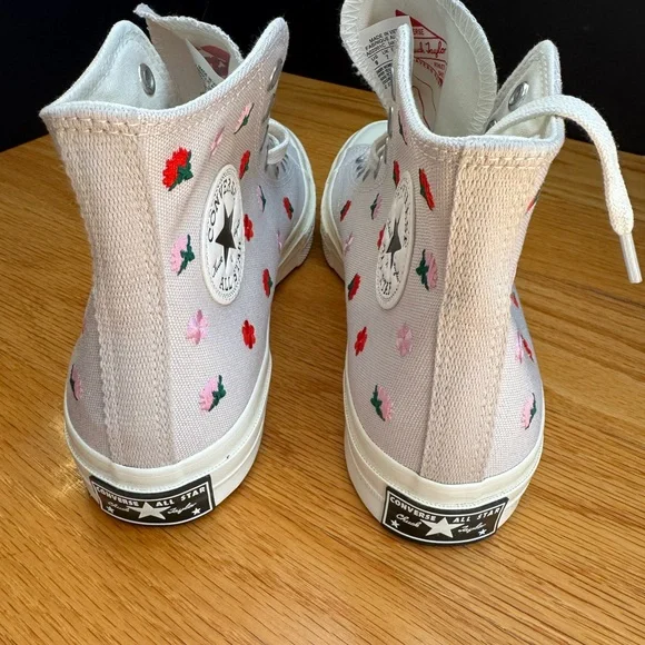 Converse Chuck Taylor  White High-Tops with Red and Green Floral Design NEW - Picture 2 of 10